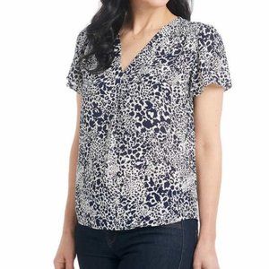 Hilary Radley Animal Print Blouse, White/Navy